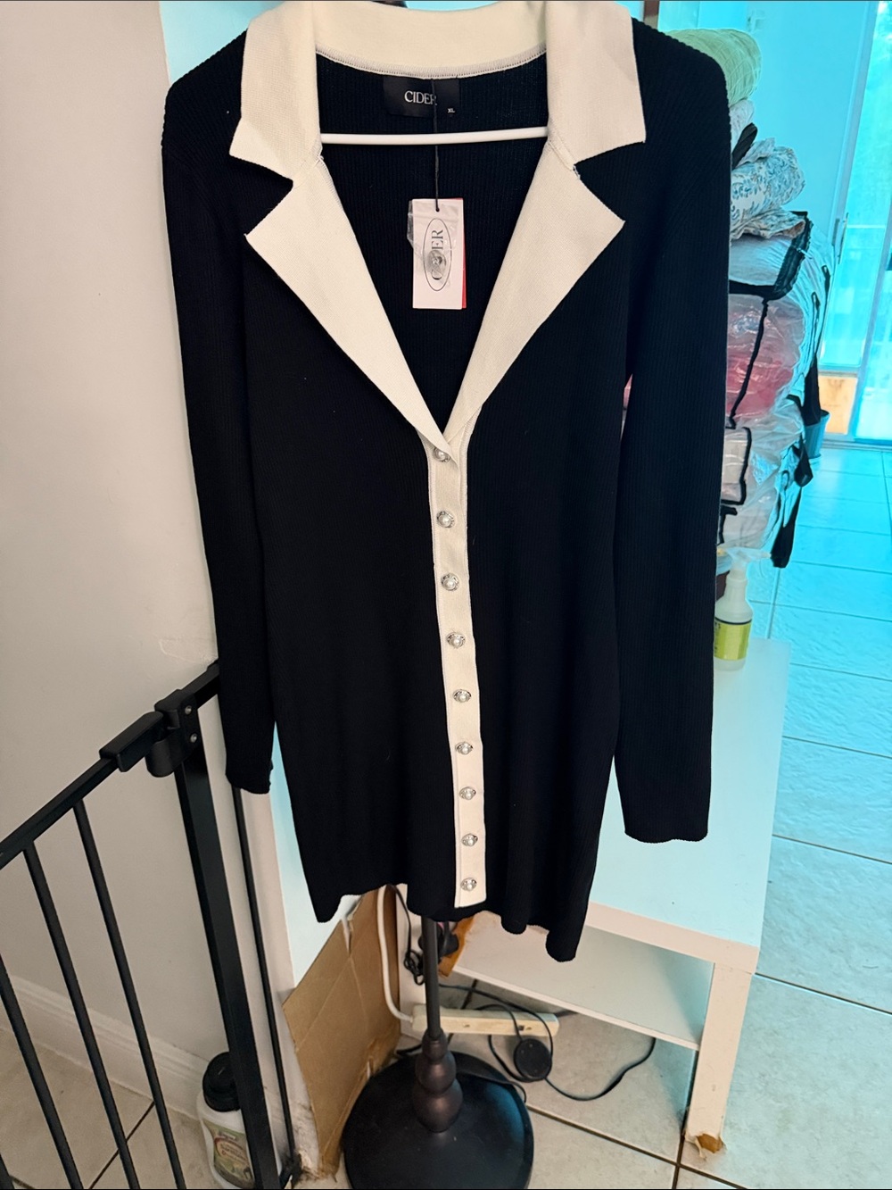 Cider Black & White Contrast-Trim Button Front Longline Cardigan
